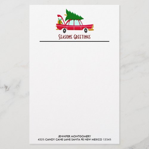 Retro Red Car Carrying a Christmas Tree Stationery