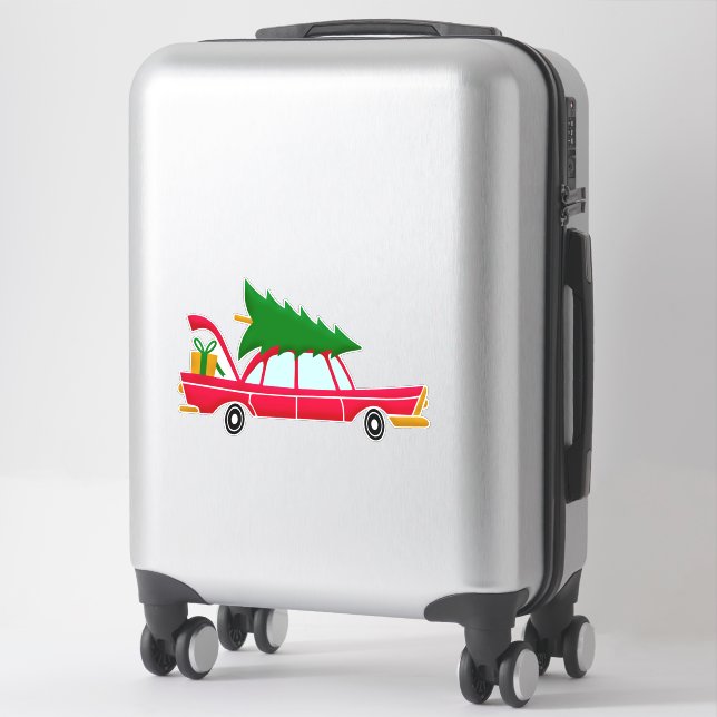 Retro Red Car Carrying a Christmas Tree Sticker (Suitcase)