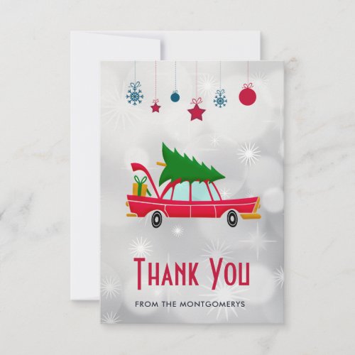 Retro Red Car Carrying a Christmas Tree Thank You