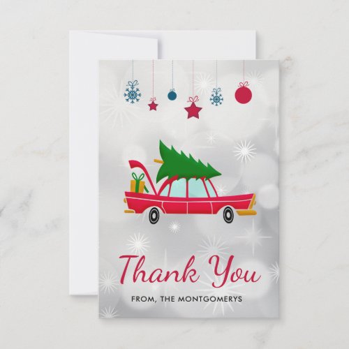 Retro Red Car Carrying a Christmas Tree Thank You