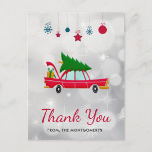 Retro Red Car Carrying a Christmas Tree Thank You Postcard