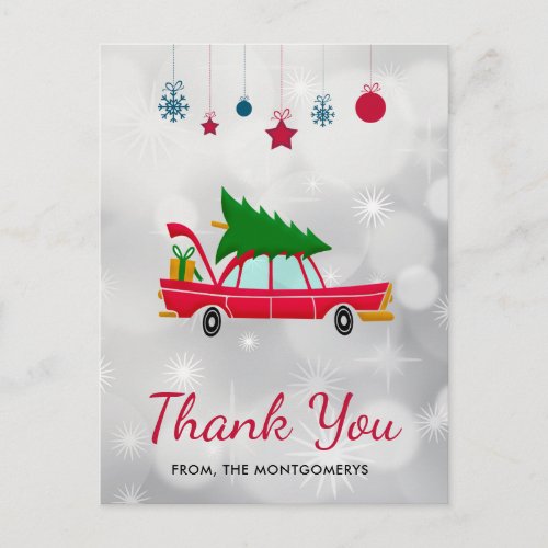 Retro Red Car Carrying a Christmas Tree Thank You Postcard