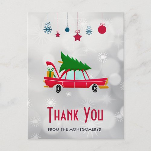 Retro Red Car Carrying a Christmas Tree Thank You Postcard