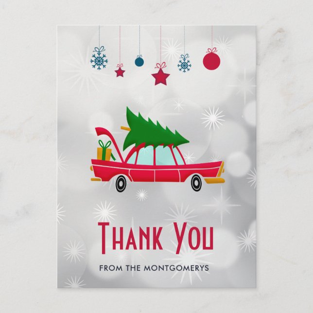 Retro Red Car Carrying a Christmas Tree Thank You Postcard (Front)