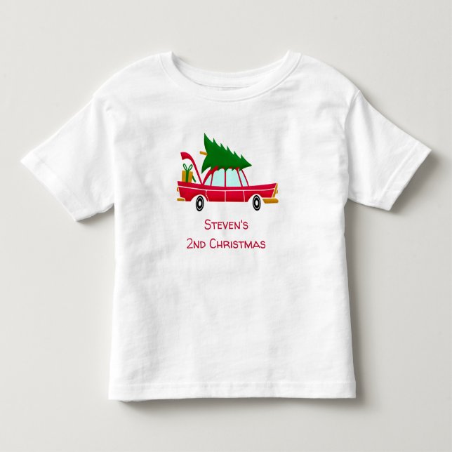 Retro Red Car Carrying a Christmas Tree Toddler T-shirt (Front)
