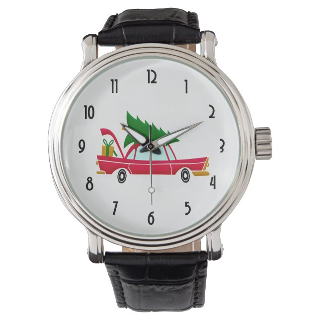 Retro Red Car Carrying a Christmas Tree Watch (Front)