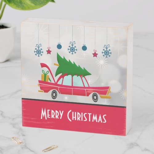 Retro Red Car Carrying a Christmas Tree Wooden Box Sign
