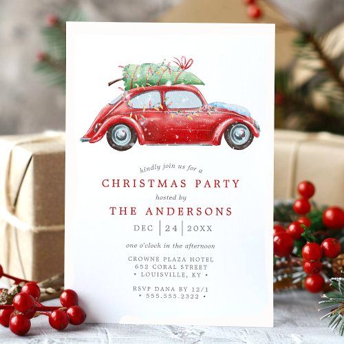 Christmas Party Invitations 13 Retro Red Car Vintage Watercolor Christmas Party Invitation