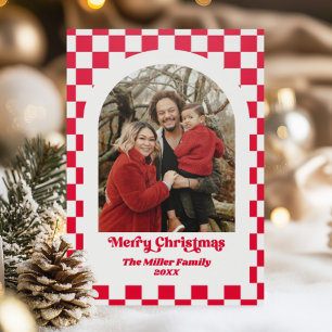 Retro Red Checkerboard Photo Arch Christmas Letterpress Photo Cards