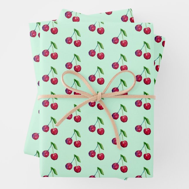 Retro Red Cherries Packaging Mint Green Christmas Wrapping Paper Sheets (In situ)