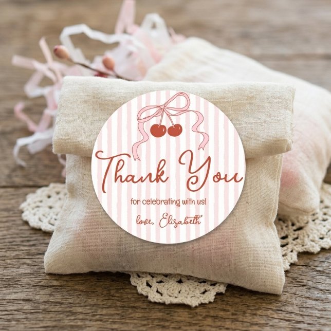 Retro Red Cherries with Pink Bow Script Thank You Classic Round Sticker (Creator Uploaded)