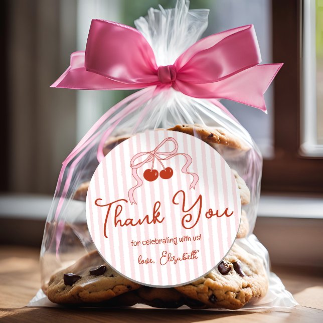 Retro Red Cherries with Pink Bow Script Thank You Classic Round Sticker (Creator Uploaded)
