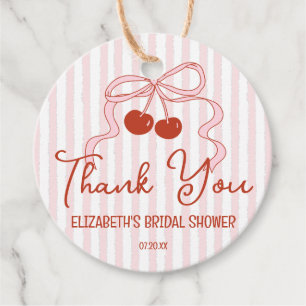 Retro Red Cherries with Pink Bow Script Thank You Favor Tags