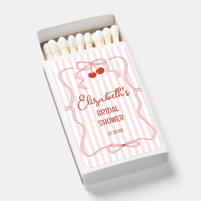 Retro Red Cherries with Pink Bow Stripes Party Matchboxes (Front Open)
