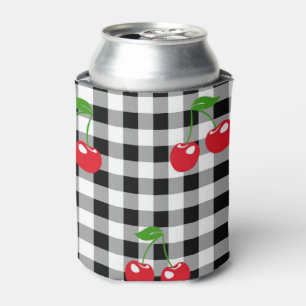 Retro Red Cherry Black White Buffalo Plaid Gingham Can Cooler
