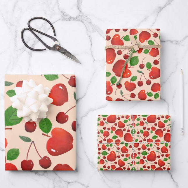 Retro Red Cherry Fruit Orchard Pattern Flat Wrapping Paper Sheets (Front)
