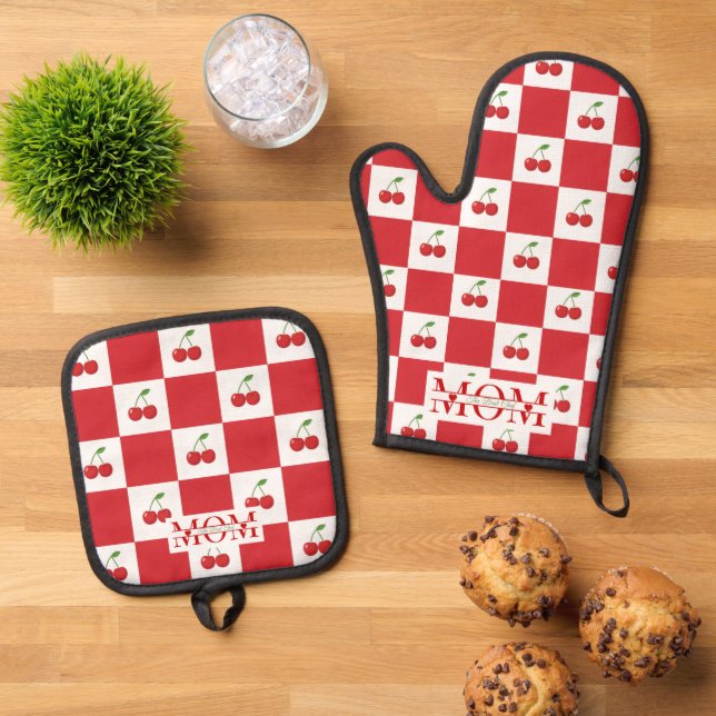 Retro Red Cherry & Gingham Checkered Custom Mom Oven Mitt & Pot Holder Set (Top Down)
