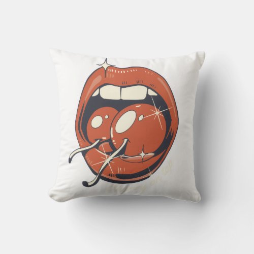 Retro Red Cherry Lips Graphic Art Throw Pillow