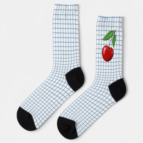 Retro Red Cherry on Blue Checked Print Socks