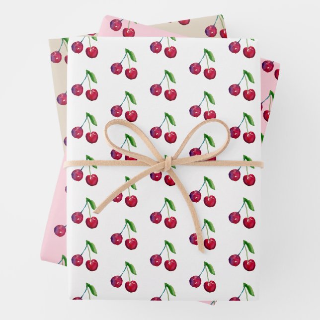 Retro Red Cherry Packaging Cute Artisan Christmas Wrapping Paper Sheets (In situ)