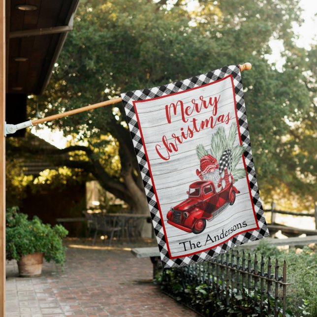 Retro Red Christmas Buffalo Truck Gnomes Holiday House Flag (In SItu)