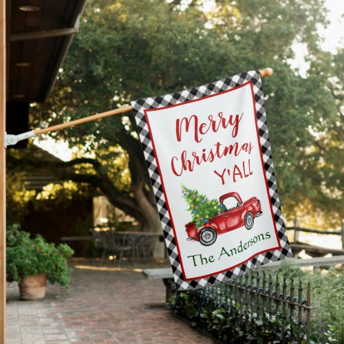 Retro Red Christmas Farm Truck Rustic Holiday House Flag