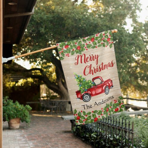 Retro Red Christmas Farm Truck Rustic Holiday House Flag