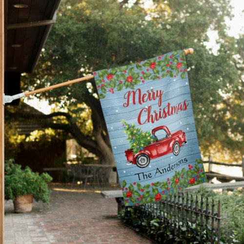 Retro Red Christmas Farm Truck Rustic Holiday House Flag