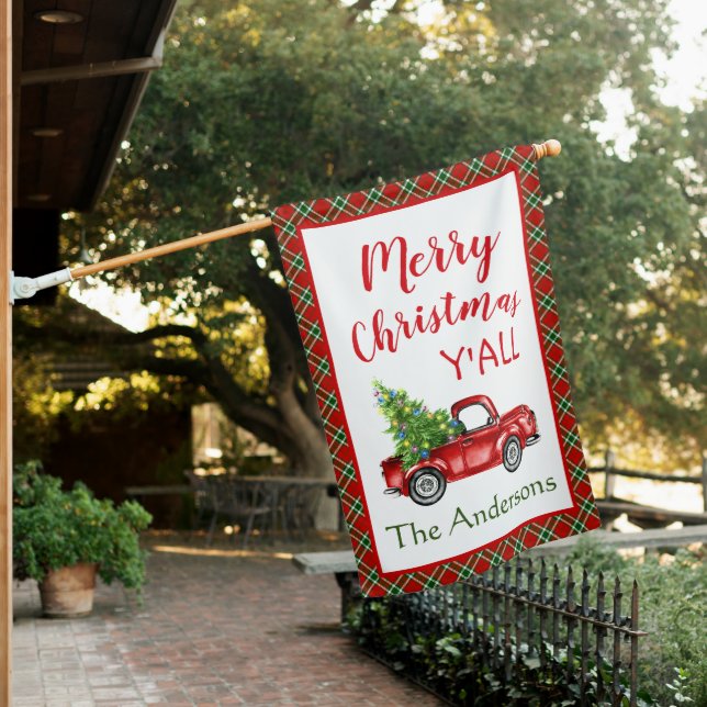Retro Red Christmas Farm Truck Rustic Holiday House Flag (In SItu)