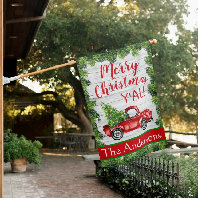 Retro Red Christmas Farm Truck Rustic Holiday House Flag (In SItu)