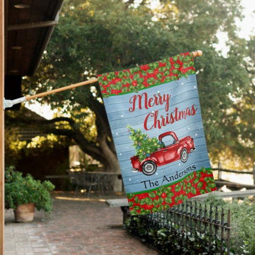 Retro Red Christmas Farm Truck Rustic Holiday House Flag