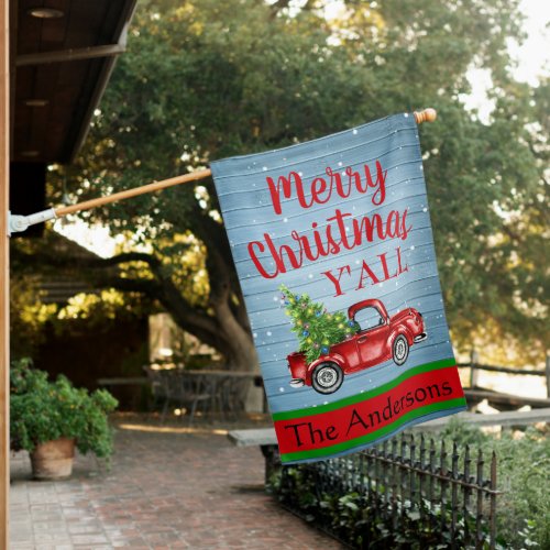 Retro Red Christmas Farm Truck Rustic Holiday House Flag