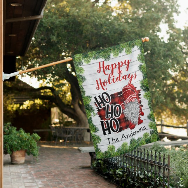 Retro Red Christmas Gnome Ho Ho Ho Holiday House Flag (In SItu)