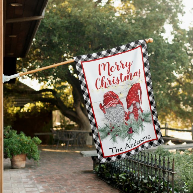 Retro Red Christmas Gnomes Tartan Plaid Holiday House Flag (In SItu)