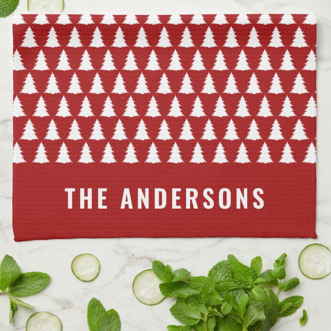 Retro Red Christmas Modern Minimal Unique Kitchen Towel (Folded)