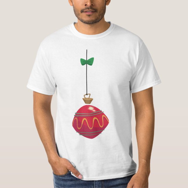 Retro Red Christmas Ornament With a Green Bow T-Shirt (Front)