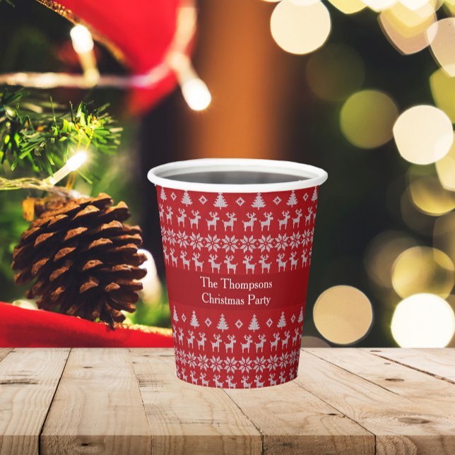 Retro Red Christmas Reindeer Custom Holiday Party Paper Cups (Creator Uploaded)