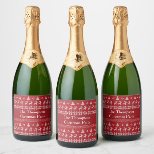 Retro Red Christmas Reindeer Custom Holiday Party Sparkling Wine Label