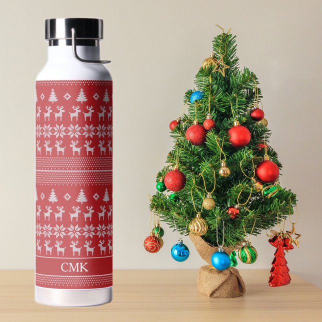 Retro Red Christmas Reindeer Personalized Holiday Water Bottle (Creator Uploaded)