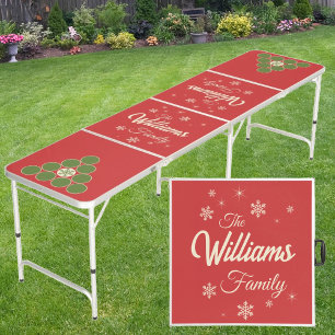 Retro Red Christmas Snowflake with Family Name Beer Pong Table