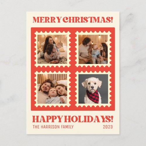Retro Red Christmas Stamp Holidays Photos Collage Postcard