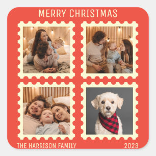Retro Red Christmas Stamp Holidays Photos Collage Square Sticker