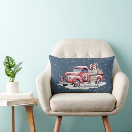 Retro Red Christmas Truck In Snow Lumbar Pillow