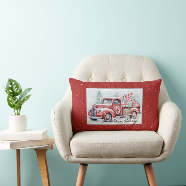 Retro Red Christmas Truck Lumbar Pillow (Chair)