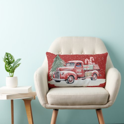 Retro Red Christmas Truck Lumbar Pillow