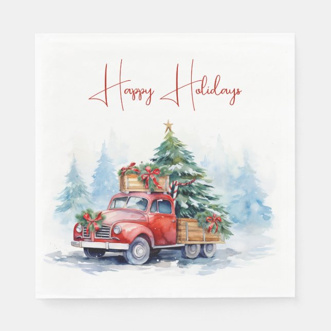 Retro Red Christmas Truck Napkins (Front)