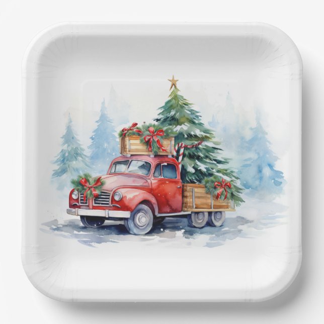 Retro Red Christmas Truck Paper Plates (Front)