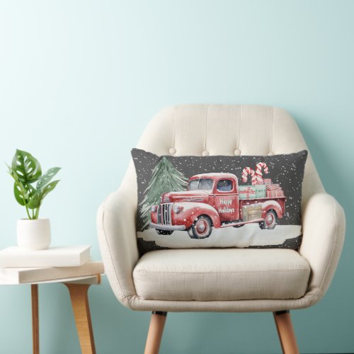 Retro Red Christmas Truck With Candy Canes Lumbar Pillow