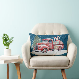 Retro Red Christmas Truck With Candy Canes Lumbar Pillow