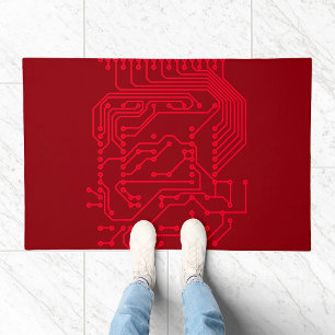 Retro Red Circuit Board Tech Pattern Doormat